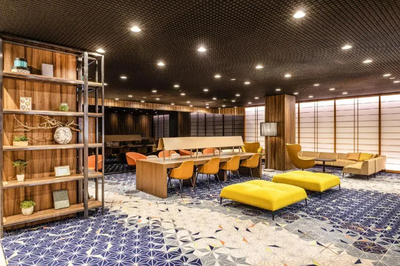 Seating and bookshelf in the lobby of Shinjuku Prince Hotel